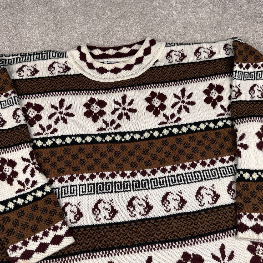Keren Vintage Sweater Cable Knit Style Geometric Aztec Novelty Print Applique